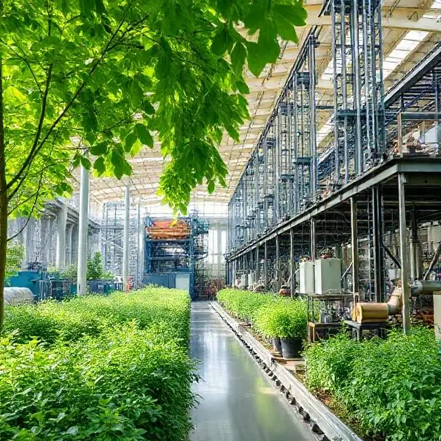 A serene, green industrial environment representing sustainable manufacturing.
